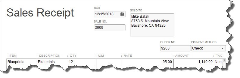 QuickBooks sales receipt