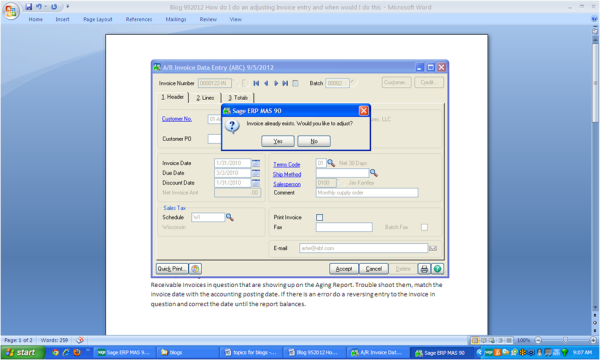 In Sage 100 ERP, how do I do an adjusting invoice entry and when?