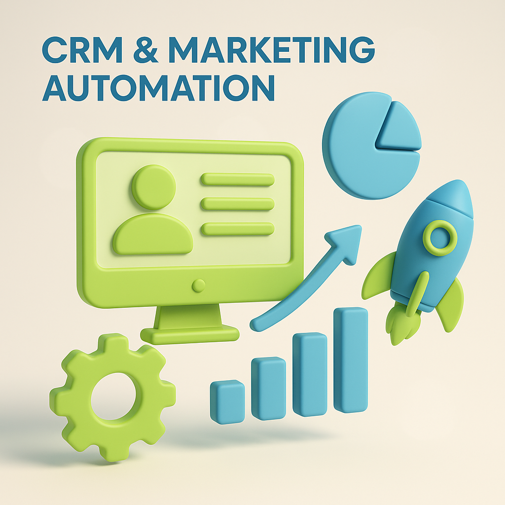 4CRM and Marketing Automation eg HubSpot using business colors light lime green and sky blue and subtle background-1