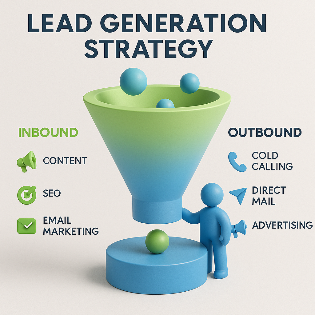 Lead Generation Strategy Inbound  OutboundInbound  Use brand colors light subtle lime green sky blue