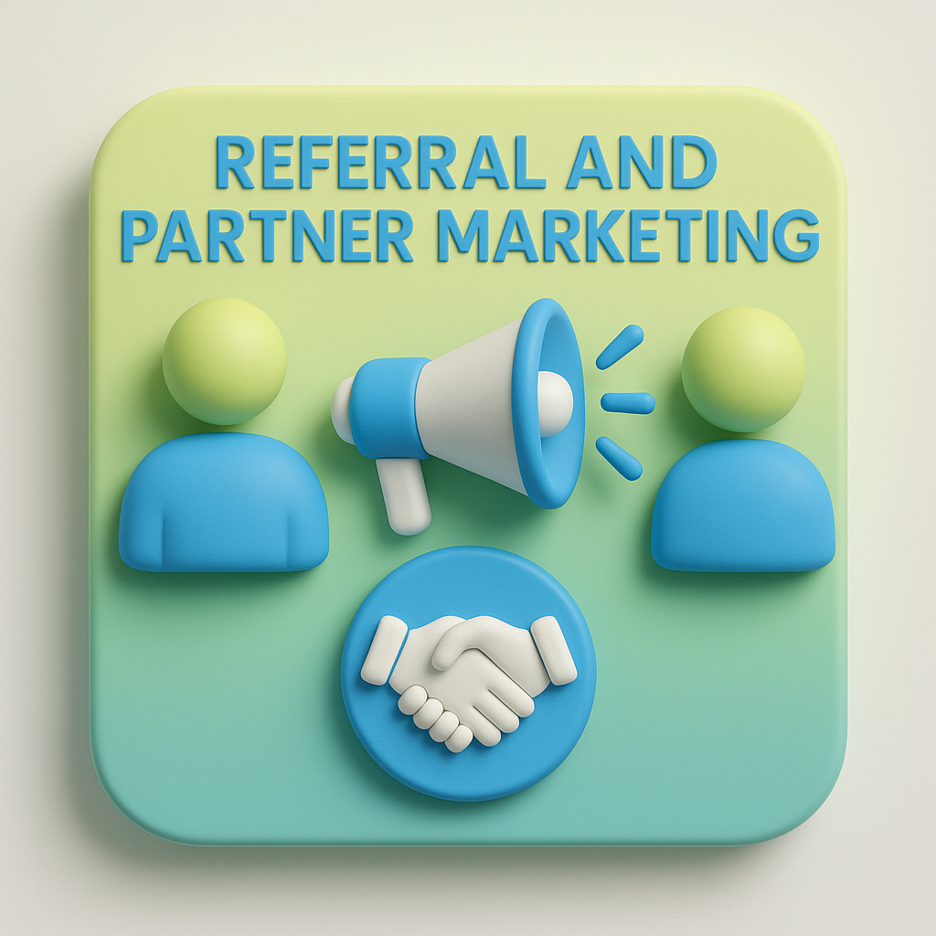 Referral and Partner Marketing using business colors light lime green and sky blue