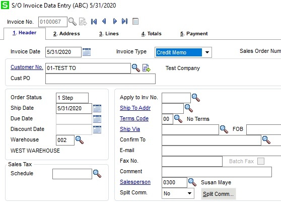 How to Make a Sage 100 Credit Memo in Sales Order Invoice Entry